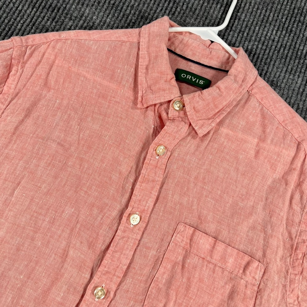 Orvis Linen Shirt Mens Size Large Pink Short Sleeve Button Up Pocket Hiking
